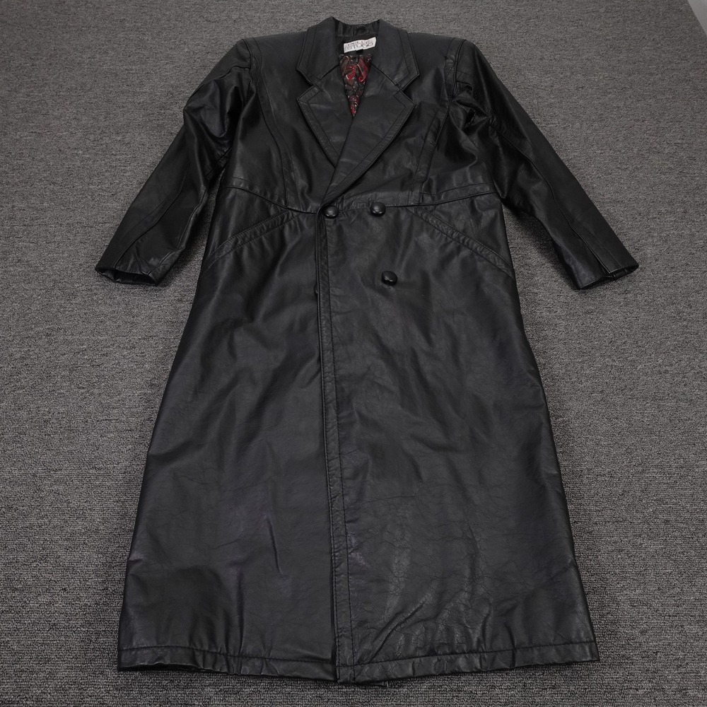 Vintage Pelle Studio Coat Womens XS Black Leather Long Trench Paisley 80s 90s